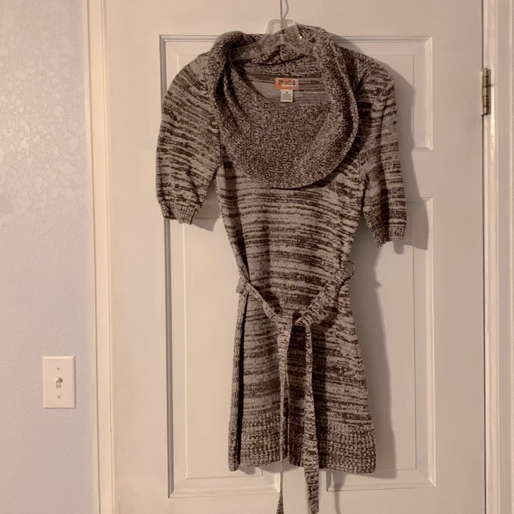 Short sleeved, cowl neck sweater dress with removable belt.